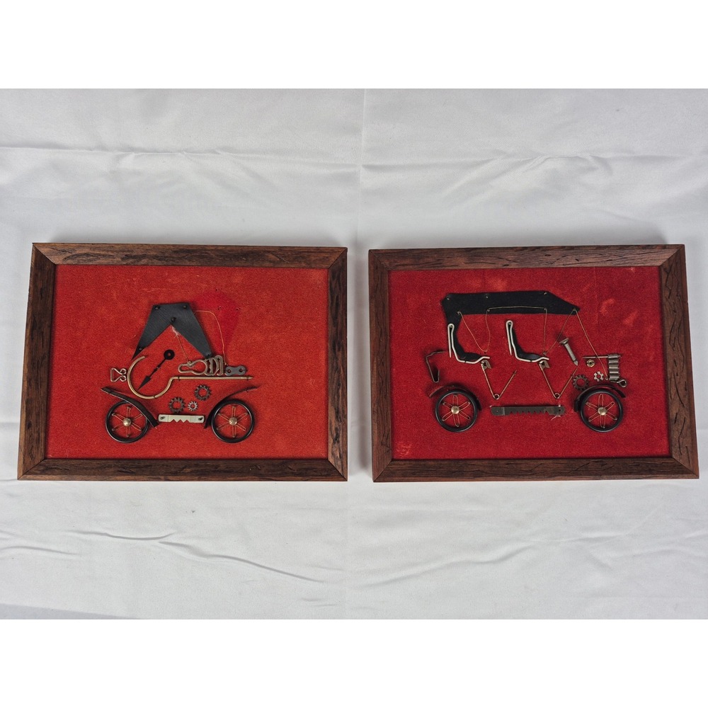 Vintage Steampunk Antique Car Hardware Assemblage Wall Art Folk Decor 2 pc Set